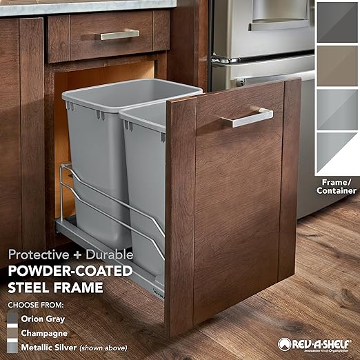 Rev-A-Shelf Double Pull-Out Trash Can for Under Kitchen Cabinets 27 Quart 12.5 Gallon with Soft-Close Slides, White, 53WC-1527SCDM-211