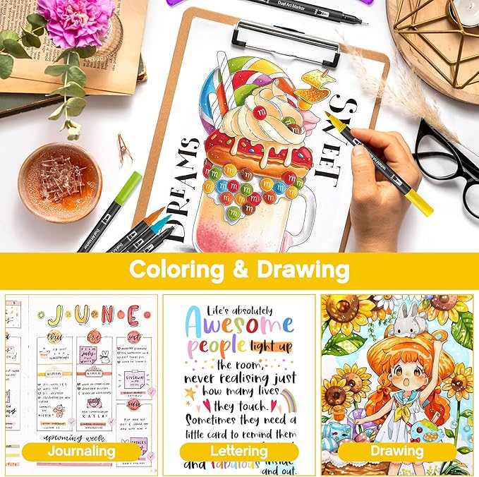 Art Markers Pens Brush Tip - 120 Color Dual Brush Pen and Fine Tip Marker for Coloring Drawing Journaling Lettering - Markers for Adults Kids Coloring Books No Bleeding Art Supplies Set