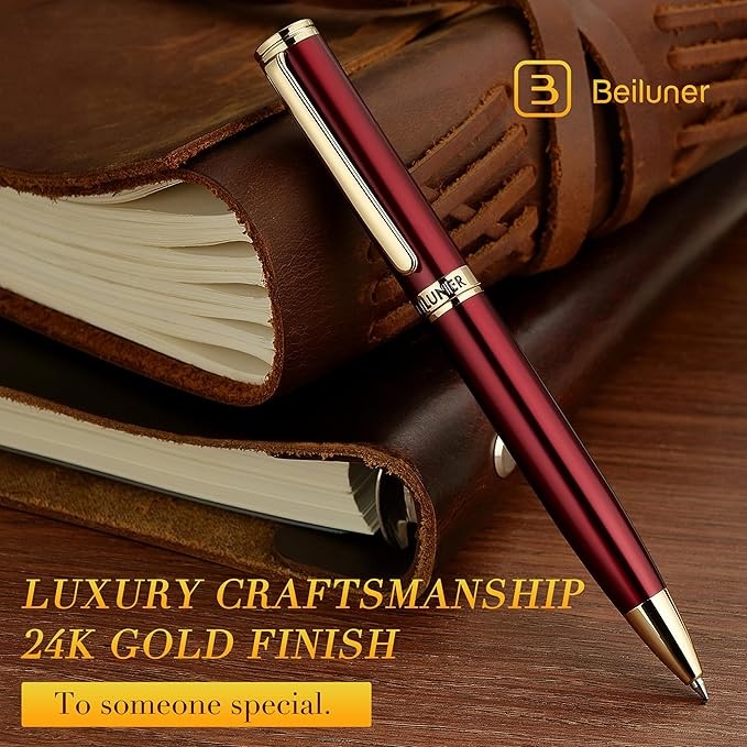 BEILUNER Red Lacquer Gel Pen With 24K Gold Finish, Retractable Pens, Gift Pen Set, Professional, Elegant, Writing, Executive, Office, Nice Fancy Designer, Perfect for Men and Women