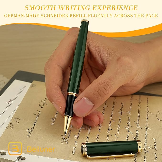 BEILUNER Luxury Rollerball Pen, Stunning Green Lacquer with 24K Gold Trim,Noble and Elegant Designs,Schneider Ink Refill, Best Gift Set for Men & Women, Refillable, Executive Writing, Nice Pens