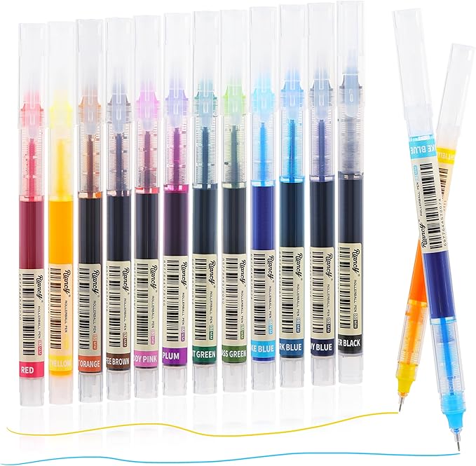 RIANCY Liquid Ink Rollerball Gel Pens, 0.5mm Extra Fine Point Tip, 12ct Assorted Colors, Smooth Writing No Smear No Bleed, Vibrant for Journaling, Drawing, Sketching, School Notes & Art Supplies