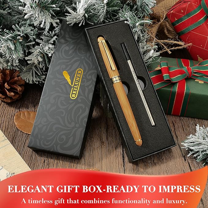 BEILUNER Luxury Bamboo Wooden Ballpoint Pen Writing Set - Elegant Fancy Nice Gift Pen Set for Signature Executive Business Office Supplies - Gift Boxed with Extra Refills (Black)