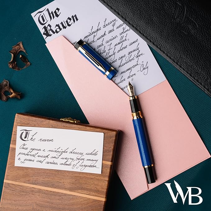 Wordsworth & Black Primori Fountain Pen Set [Blue Gold]; Fine Nib, Gift Case, 24 Ink Cartridges, Refill Converter, Manual; Journaling, Calligraphy, Smooth Writing Pens; Left and Right Handed