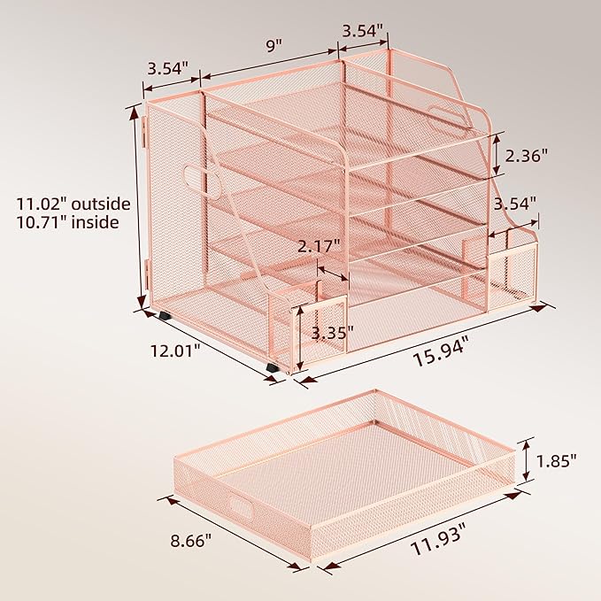 SUPEASY Mesh Desk Organizer with File Holder, 5-Tier Paper Letter Tray Organizer with Magazine Holder, Desktop Organizer and Storage with Drawer for Office Supplies Home or School, Rose Gold