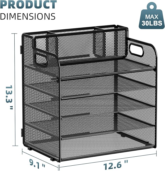 Marbrasse 5 Tier Paper Organizer with 3 Pen Holders, Mesh Desk File Organizer with Handle, Paper Sorter Desk Organizer for Home Office Supplies(Black)