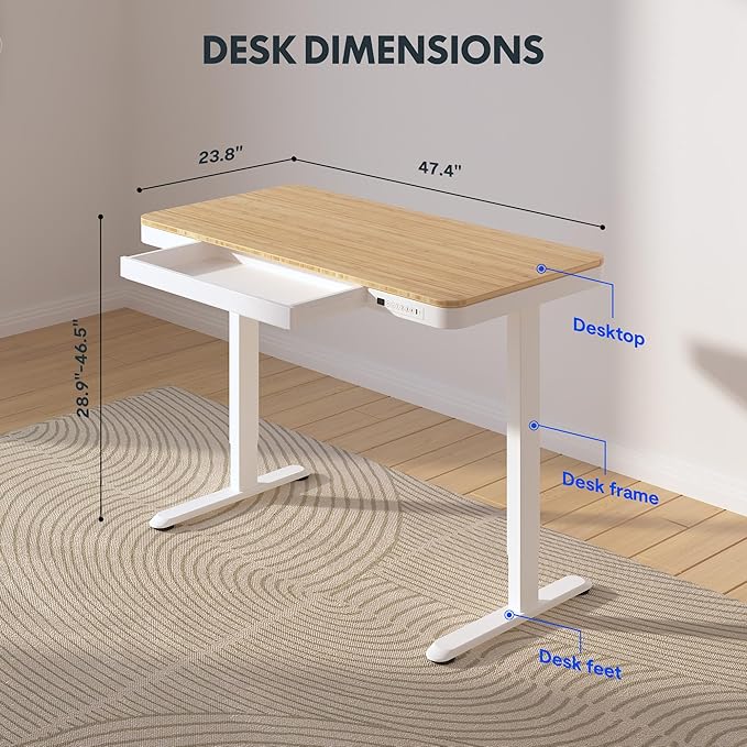 FLEXISPOT Comhar Electric Standing Desk with Drawer Desktop & Adjustable Frame w/USB Charge Ports (Bamboo Texture/White, Wood)
