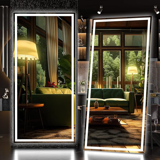 Hasipu Full Length Mirror with Lights, 71" x 32" LED Lighted Floor Standing, Full Body Dressing Hanging Mounted Mirror, Dimmable, Tempered Glass, Safe to Use, Square Black