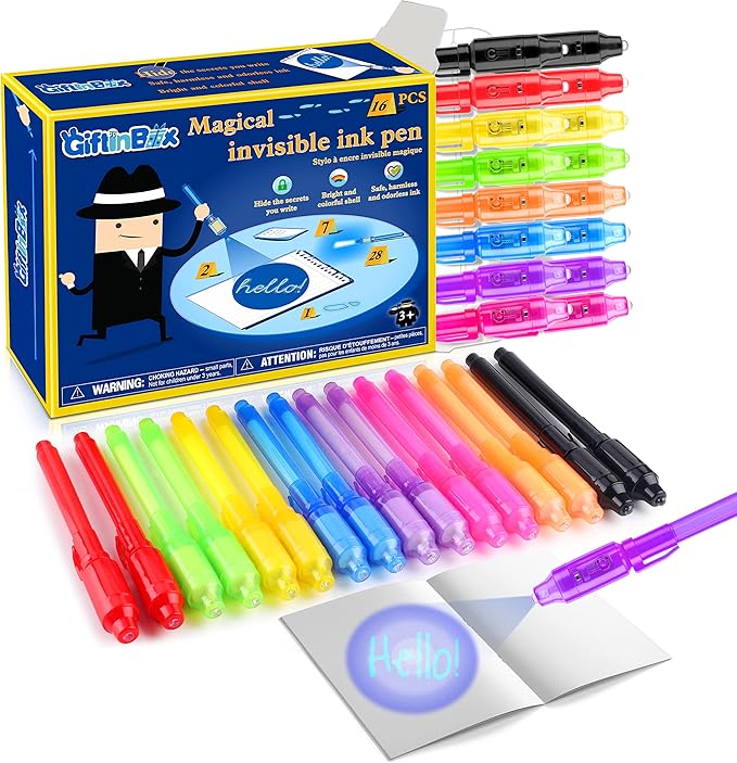 GIFTINBOX Invisible Ink Pen, 16PCS Spy Pen with UV Light for Kids, Birthday Party Favors for Kids 4-8 8-12, Classroom Prize for Students Magic Marker for Secret Message