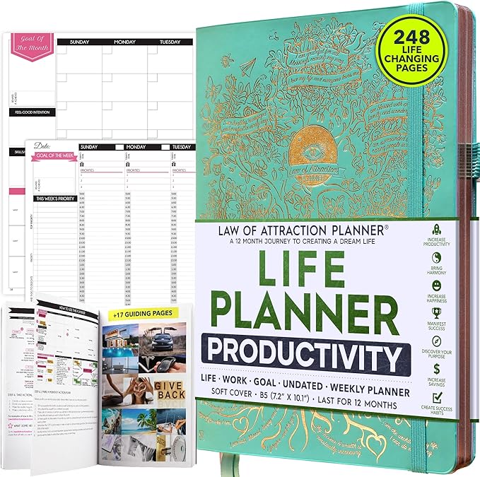 Law of Attraction Planner – Undated Hourly, Weekly & Monthly Goal Setting Planner, 12-Month to Increase Productivity | Life & Gratitude Journal, Include Foldable Vision Board, Gift Box & Stickers