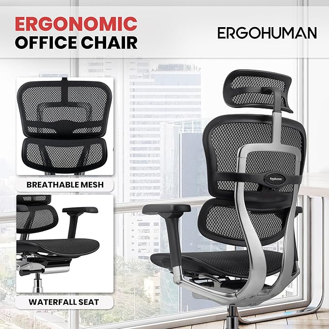 Ergohuman Eurotech ME7ERG GEN2 High Back Mesh Office, Computer, or Gaming Chair w/Tilt Tension Control & Lock, Back Angle/Height, Swivel Arms, Seat Height,/Depth, and Arm Height Adjustments, Black