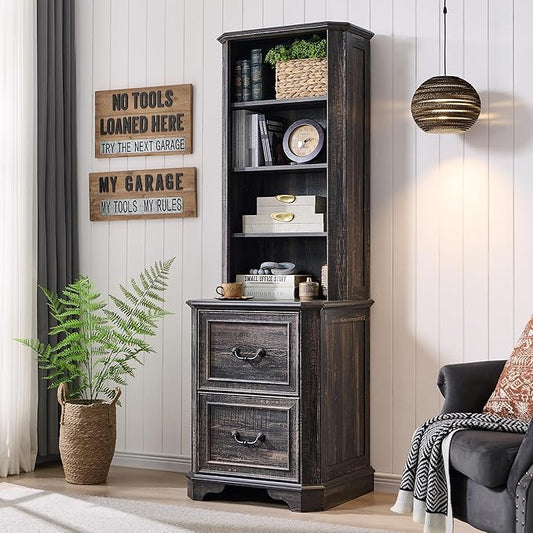 T4TREAM 6-Tier Bookcase with 2 File Drawers, 72" Tall Farmhouse Bookshelf with Storage & Adjustable Shelves, Wooden Floor Standing Display Book Shelf Organizer for Home Office, Dark Rustic Oak