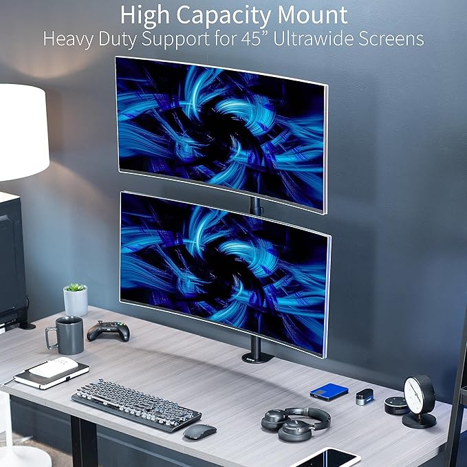 VIVO Dual Vertically Stacked Ultra-Wide Monitor Desk Mount, Extra Tall Heavy Duty Adjustable Stand for 2 Ultrawide Screens up to 45 inches, 25 lbs Per Screen Capacity, Black, STAND-V200R