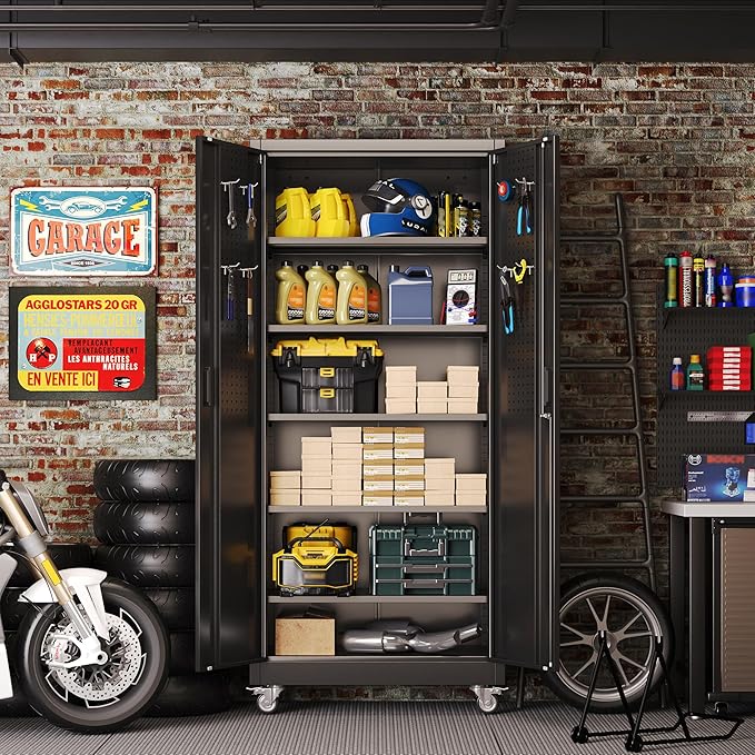 Aobabo Upgraded Garage Storage Cabinets with Wheels,Metal Storage Cabinets with 5 Adjustable Shelves for Garage Home Office Storage, Black,71''H*32''W*16''D,Assembly Required