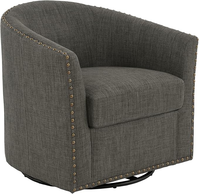 UIXE 360° Swivel Barrel Accent Chair Set of 2, Modern Upholstered Arm Chair Round Club Armchair, Nailhead Trim Single Sofa Seating in Fabric for Living Room - Gray