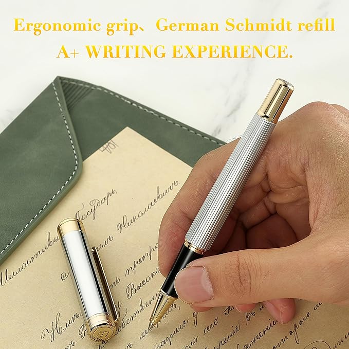BEILUNER Lighthouse series Rollerball pen, Silver Chrome pen body, exquisite vertical lines, Schneider 850 refill, suitable for men, office, professionals, exquisite and chic designer pen