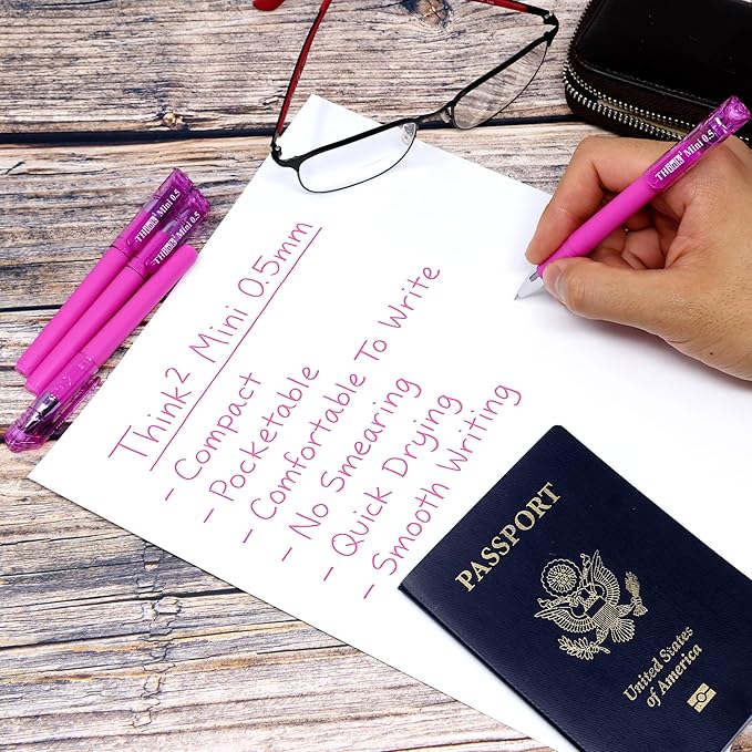 THINK2MASTER [24 Pens - Pink Ink Think2 0.5mm Pocketable Mini Gel Pens. (24 Pink) Fine Point Small Rollerball Pens with Smooth Quick Drying Ink.