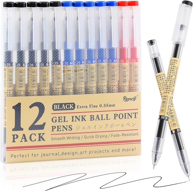 RIANCY Black Blue Red Gel Ink Pens, 0.35mm Extra Fine Point Smooth Writing Rollerball Pens, Japanese Style No Smudge Ballpoint Pen, Quick Drying for Journaling Office School Stationery Supplies 12Pcs