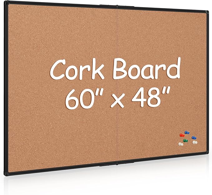 Board2by Extra Large Cork Bulletin Board 60" X 48", Foldable Notice Pin Board for Wall, Black Aluminum Framed 5'x4' Corkboard, Wall Mounted Noticeboard with 36 Push Pins for School, Home & Office