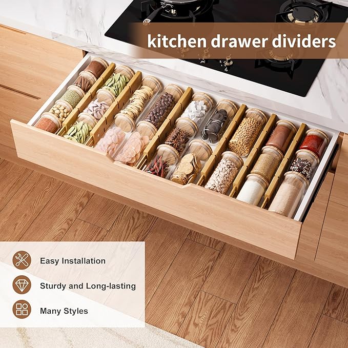 FILWH Bamboo Drawer Dividers with Inserts kitchen drawer organizer Adjustable Expandable 8 Pack Organizer Set for Kitchen Bedroom Bathroom Office 8 Dividers with 16 Inserts (Natural, Small (14-19IN))