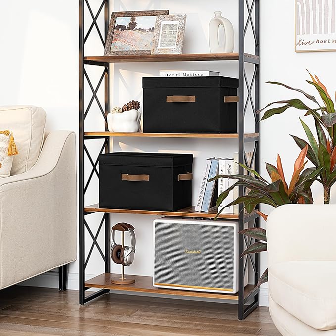 StorageWorks Fabric Storage Bins with Lid, Decorative Storage Boxes for Shelves, Stackable Closet Organizer Basket with Handles, Large, Black, 2-Pack