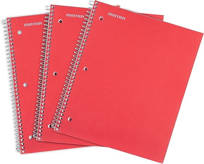 Mintra Office Durable Spiral Notebooks, 1 Subject, (Red, Wide Ruled 3 Pack), 100 Sheets, Poly Pocket, Moisture Resistant Cover, Strong Chipboard back, For School, Office, Business