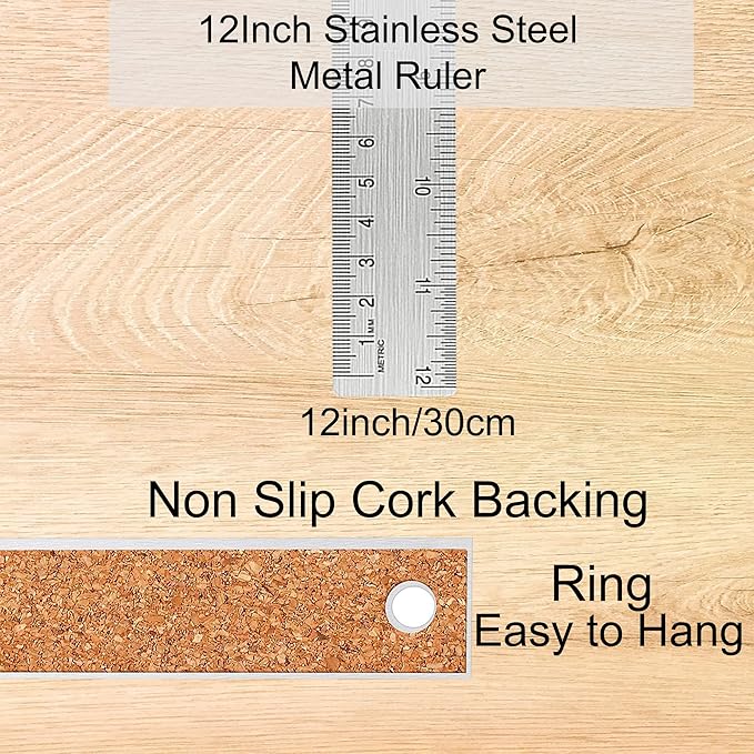 Stainless Steel Metal Ruler:[1 Pieces 12 Inch] Stainless Steel Metal Ruler with Cork Backing Non-Slip Rulers with Inch and Centimeters Drafting Office Tools Prevent Ink Leakage