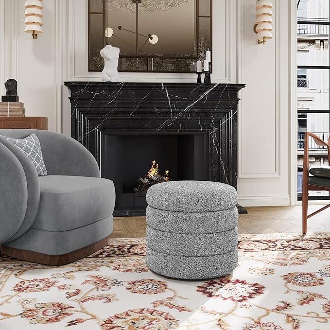 Storage Ottoman, Round Ottoman with Storage, Vanity Stool Foot Rest with Removable Lid, Round Boucle Upholstered for Living Room Pouf Footstool