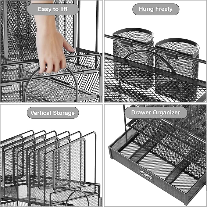 Marbrasse Desk Organizers, 4-Tier Mesh Desk File Organizer with 5 Vertical File Holders and 2 Pen Holders, Multifunction Desktop Organizer,Desk Organizers and Accessories for Home Office (Gray)