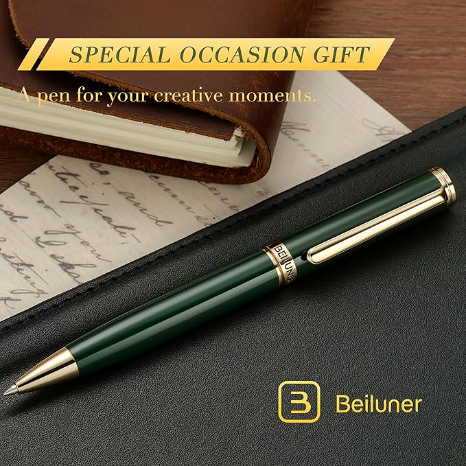 BEILUNER Luxury Gel Pen with 24K Gold Finish, Green Piano Lacquer, Luxury Grade Craftsmanship, Fancy Pen Gift Set for Men and Women, Graduation Gift, Executive, Office, Retractable, Nice Pen Set