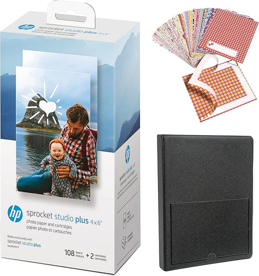 HP Sprocket Studio Plus 4 x 6” Photo Paper and Cartridges Starter Bundle: Includes 108 Sheets and 2 Cartridges, Sticker Frames, Photo Album