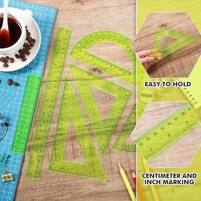 Tenare 6 Pcs Plastic Ruler Math Set Includes 12 Inch 6 Inch Straight Protractor Triangle Geometry Transparent Math Ruler Measuring Tools for School Office Home(Yellow)