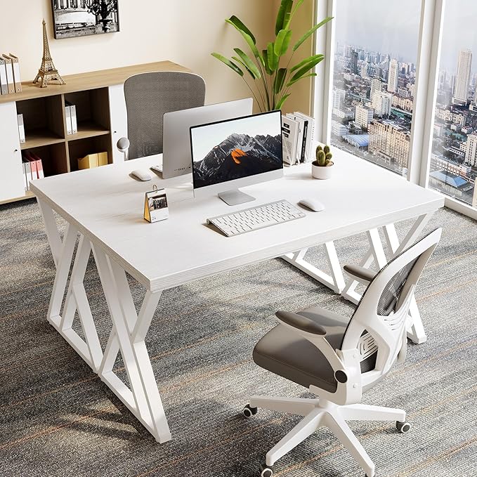 LITTLE TREE 55 Inch Large Simple Industrial Computer Desk Study Writing Table Home Office Workstation,White