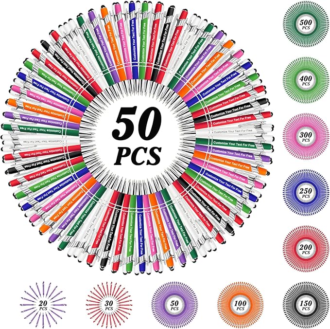 Max 500 Pcs Personalized Pens Bulk, Custom Pens with Free Engraving, Customized Stylus Tip Ballpoint Pen with Your Name Massage Text for School Office Business Graduation Anniversaries-50 Packs