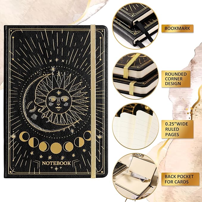 Artfan Ruled Notebook/Journal – Premium Thick Paper Faux Leather Classic Writing Notebook with Pocket + Page Dividers Gifts, Banded, Large, 144 Pages, Hard Cover, Lined (5.8 x 8.4) - Sun and Moon