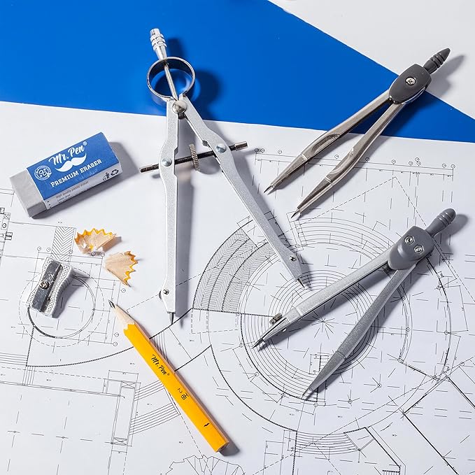 Mr. Pen Geometry Set with 6 Inch Swing Arm Protractor, Divider, Set Squares, Ruler, Compasses and Protractor, 15 Piece Set, Back to School Supplies