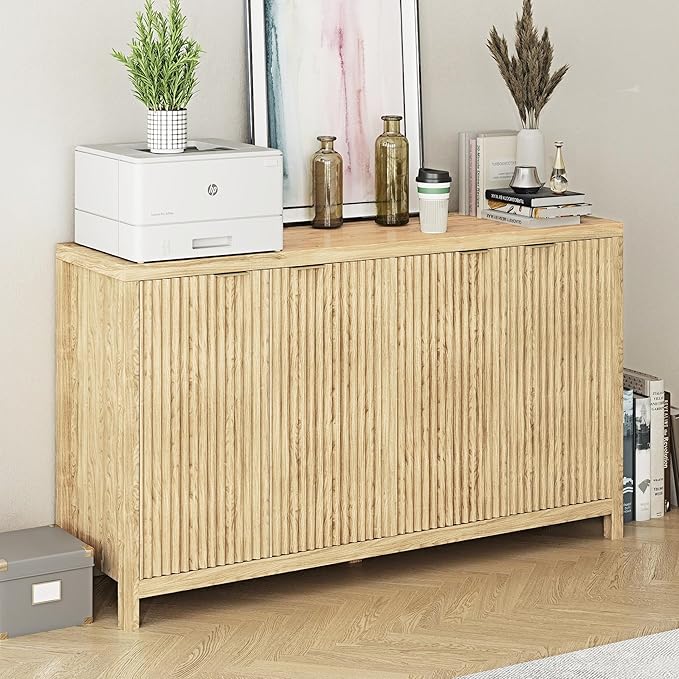 Real Relax Fluted Buffet Cabinet with Storage, Modern Sideboard with 4 Doors, 3 Adjustable Shelves, Large 55'' Kitchen Credenza Coffee Bar Cabinet, Console Cabinets for Living, Dinning Room, Natural