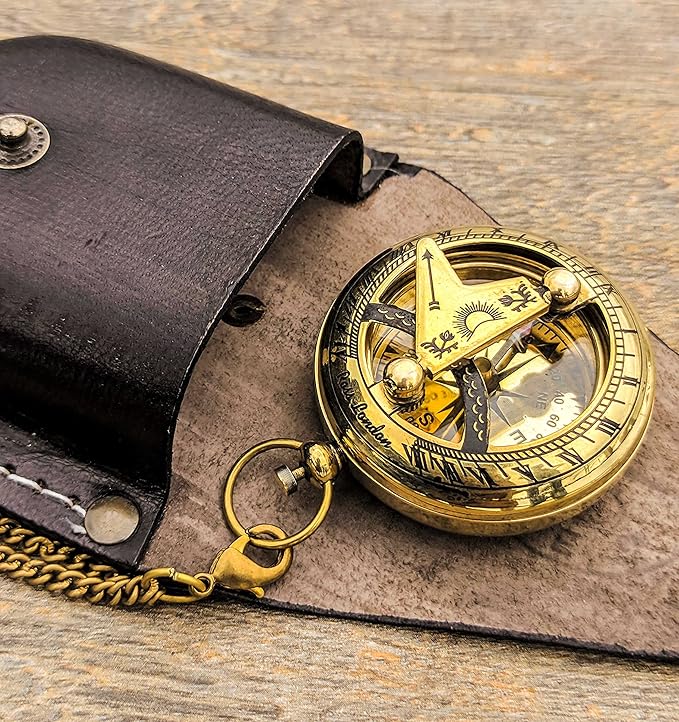 Brass Sundial Compass with Leather Case and Chain - Push Open Compass - Steampunk Accessory - Pocket Sundial Compass - Beautiful Handmade Gift -Sundial Clock, Gold, 2 Inch