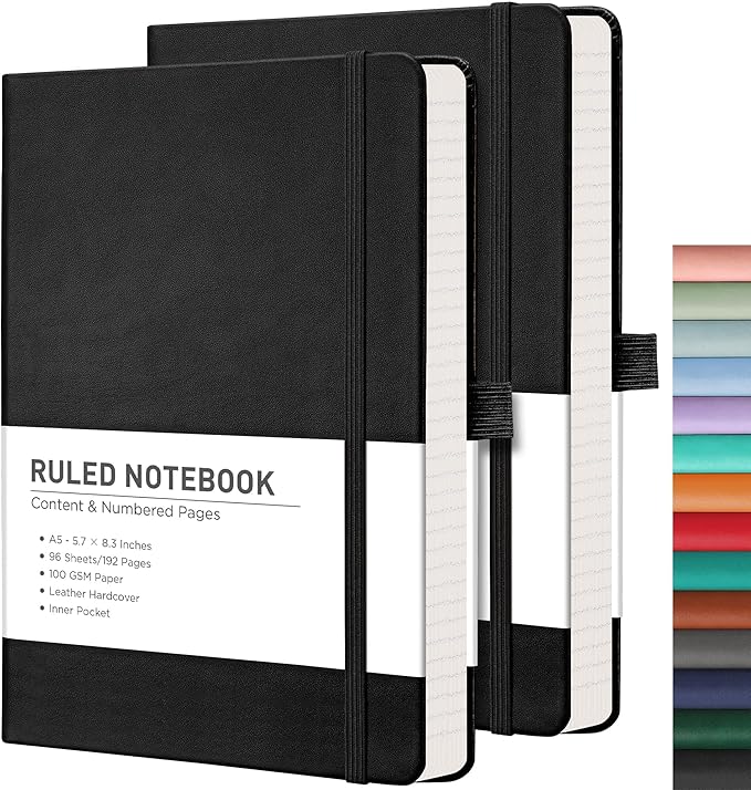 RETTACY Lined Journal Notebook, 2-Pack, 192 Numbered Pages per Pack, A5 Medium Size (5.7'' x 8.3''), for Men & Women, Writing, Work, Leather Hardcover, 100 GSM Thick Paper (Black & Black)