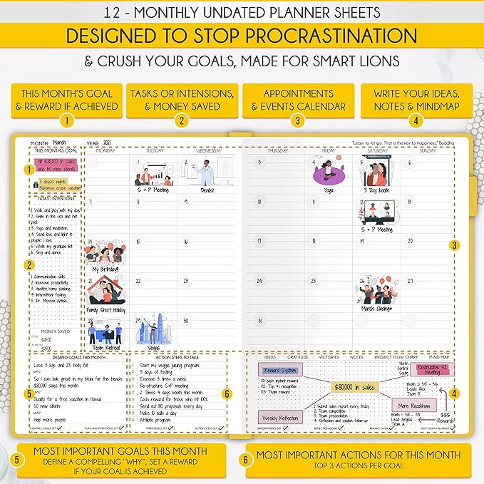 Life Planner - Undated Daily, Weekly & Monthly Planner with Budget Section | A 12 Month Journey to Increase Productivity & Happiness | Life Organizer & Gratitude Journal - Horizontal Format