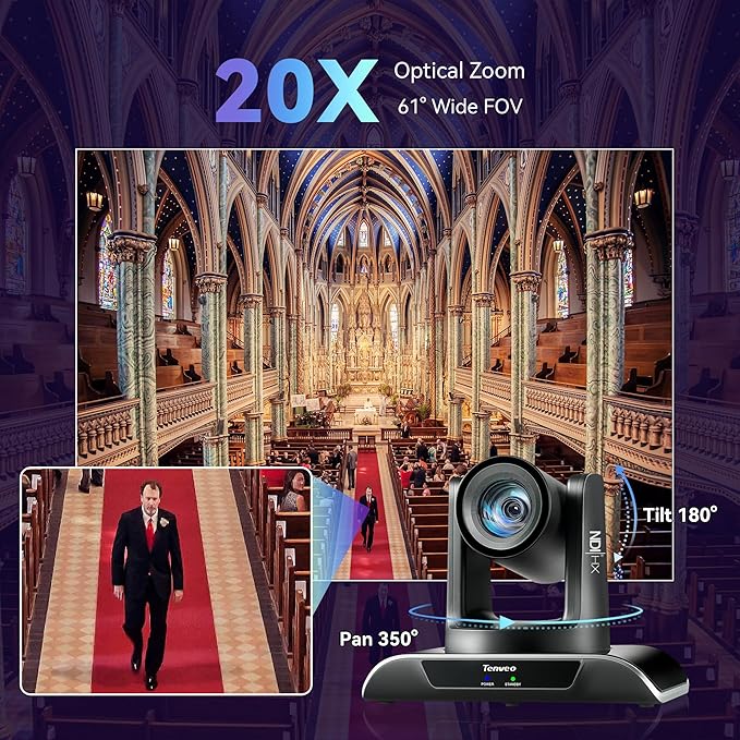Tenveo NDI PTZ Camera AI Humanoid & Face Auto-Tracking, HDMI/LAN/USB3.0 PoE PTZ Camera 20X Optical Zoom IP Live Streaming, FHD 1080P 60FPS, for Church Services Worship Video Conference Live Streaming