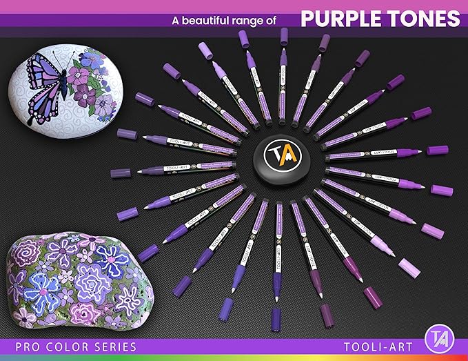 Acrylic Paint Pens 22 Purple Tones Assorted Pro Color Series Markers Set 0.7mm Extra Fine Tip for Rock Painting, Glass, Mugs, Wood, Metal, Canvas, Projects, Non Toxic, Waterbased, Quick Drying