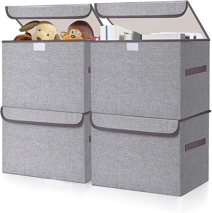 Large 22 Quart Linen Fabric Foldable Storage Bin Cube Organizer Basket with Flip-Top Lid & Handles, Clothes Blanket Box for Home, Office, Closet, Gray, 4 Pack 14.6 x 9.5 x 9.5”