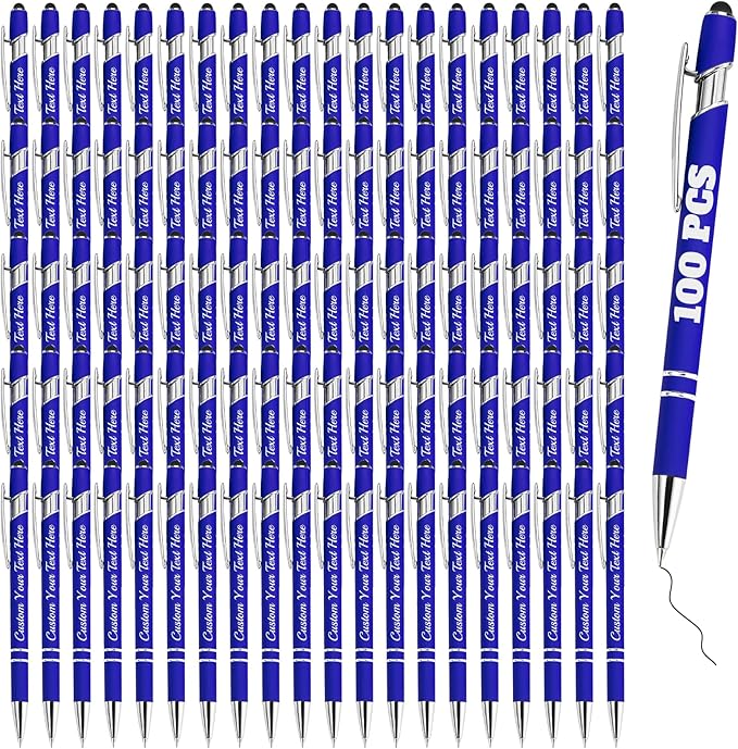 Personalized Pens Bulk 100 with Name Custom Engraving Ballpoint Pens with Stylus Tip Customized Smooth Writing Pens Personalized Gifts for Anniversary Birthday or Graduation(Blue,Black Ink)