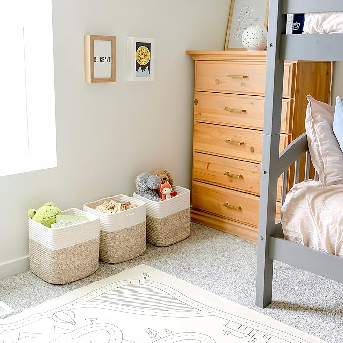 NaturalCozy Storage Cubes 11 Inch Cotton Rope Woven Baskets for Organizing, 3-Pack | Cube Bin Square Shelves Organizer, Classroom, Kids Toy Bins, Closet, Baby Nursery