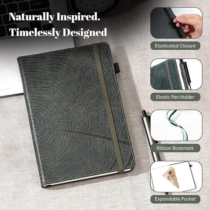 CAGIE Lined Journal for Women & Men, Tree Growth Ring Leather Bound Journal Notebook, 256 Pages 100 GSM Journals for Writing, A5 Hardcover Journaling Notebooks for Work, Note Taking