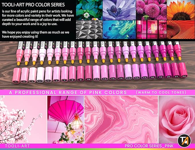 TOOLI-ART 22 Acrylic Paint Markers Paint Pens Pro Color Series Set 3mm Medium Tip for Rock Painting, Glass, Mugs, Wood, Metal, Glass Paint, Canvas, DIY. Non Toxic, Waterbased, Quick Drying (PINK)