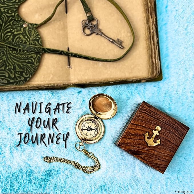 Antique Brass & Copper Sundial Compass, Sundial Clock in Box Gift Sun Clock Ship Replica Watch, Nautical Gifts for Men, Unique Nautical Decor, Naval Maritime Sundial (#3 Golden Push Button)