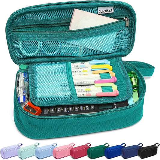 Pencil Case Pouch Box Bag School Supplies Girls Boys Kids, Cute Preppy Stuff Large Big Capacity Aesthetic Pen Organizer, Back to College Stationary, Dark Cyan, Heavy Duty Canvas, 1800ml