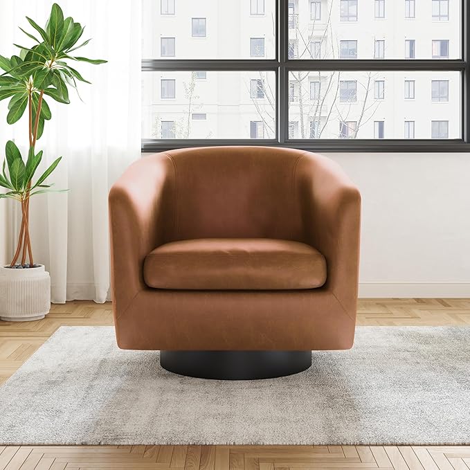 UIXE Faux Leather Swivel Accent Chair with Wood Base, Modern Upholstered Barrel Chairs for Living Room, Comfy Round Armchair Single Sofa Bedroom Reading Seat - 31" W, Brown