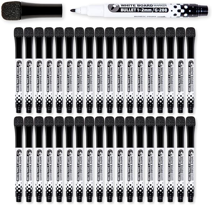Glassboard Studio Black Fine Tip Dry Erase Markers Bulk 36-Pack with Magnetic Eraser Cap and Low Odor Ink for White Boards at School, Work, or Home